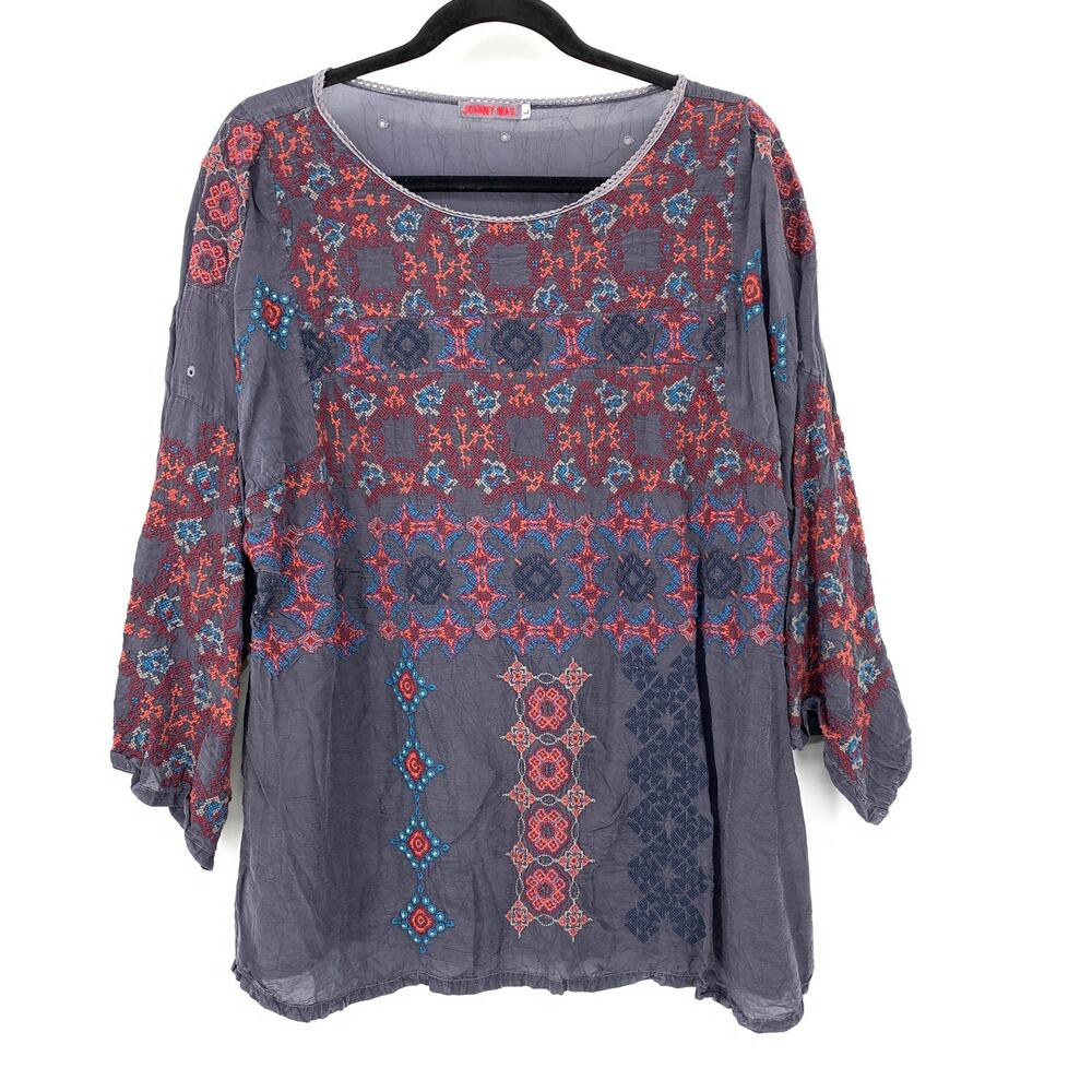 Johnny Was 3/4 Sleeve Red Blue Embroidered Eyelet Blouse Womens Sz Large Gray